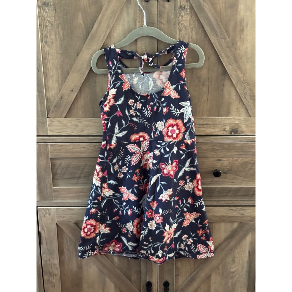 Girls Navy Blue Floral Sleeveless Tie Back Knit Fit and Flare Dress